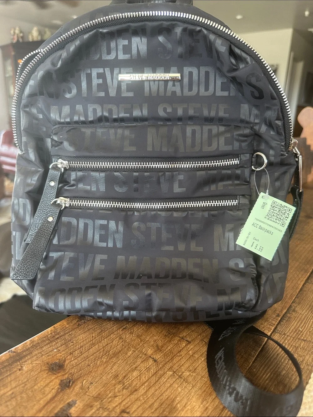 Steve Madden Black Logo Print Backpack with Silver Hardware